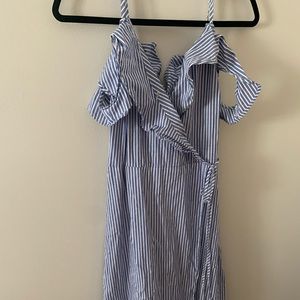 Blue & White Striped Off The Shoulder Midi Dress